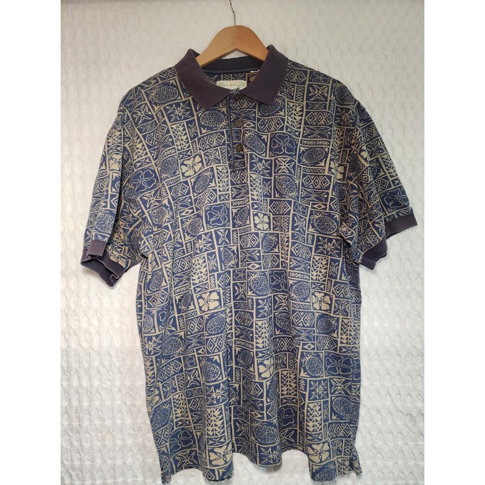 Vintage Island Fever Polo Shirt XL Men All Over Print Blue Hawaiian Pullover